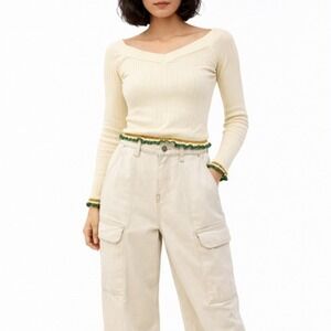 Womens Cargo Pants & Ribbed Sweater Set Ivory Ruffle Hem Size M Y2k Outfit 90s